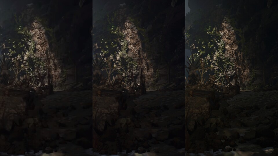 Bei Shadow of the Tomb Raider sieht das Bild per Stadia und WLAN-Verbindung etwas unscharf aus (links). Beim Spielen per LAN-Verbindung bessert sich die Situation deutlich (Mitte), die Steam-Version auf dem PC hat aber dennoch insgesamt die Nase vorn (rechts). Ihr erkennt die Unterschiede am besten, wenn ihr auf das Bild klickt und unten links &quot;In Originalgröße anzeigen&quot; auswählt.