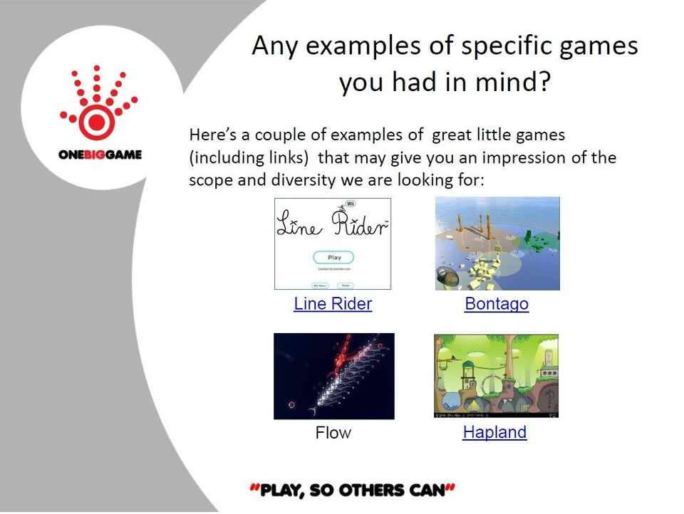 Im FAQ auf der Webseite finden sich einige Beispiele für innovative Spiele, wie OneBigGame sie sich vorstellt.