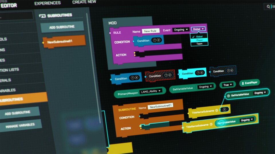 Im Logik-Editor von Battlefield Portal kann man weitreichende Veränderungen völlig ohne Programmierkenntnisse vornehmen. Komplex ist das System zumindest auf den ersten Blick natürlich dennoch.