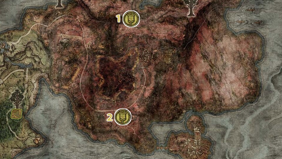 Die Karte von Caelid teilt sich in einen südlichen Teil und den nördlichen Drachenhügel auf.