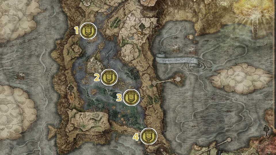 Liurnia bietet drei Kartenfragmente und eine extra Map für den Fundort des Schimmersteinschlüssels.