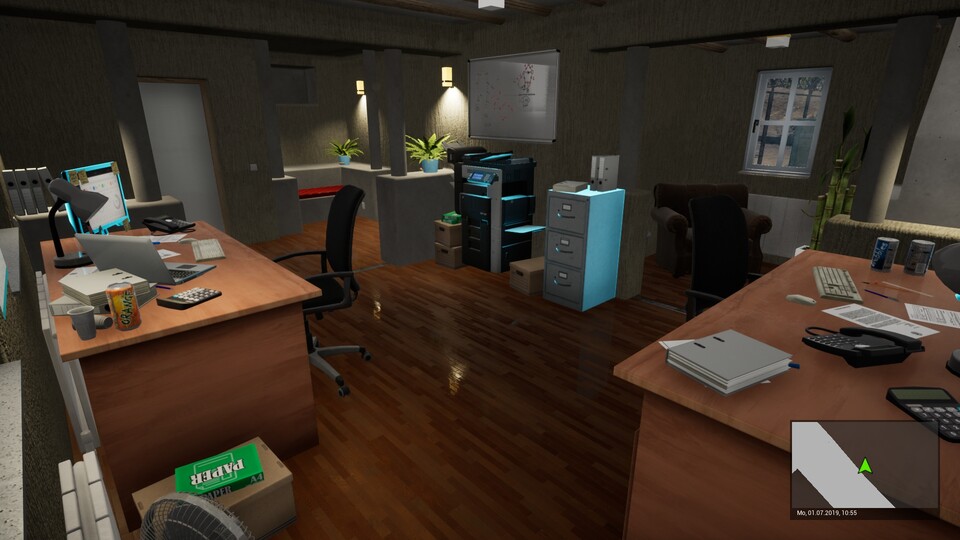 Die Büroräume, das Bild zeigt nur ein Zimmer, sind komplett interaktiv. Sämtliche Aufgaben lassen sich auch über ein virtuelles Smartphone erledigen. 