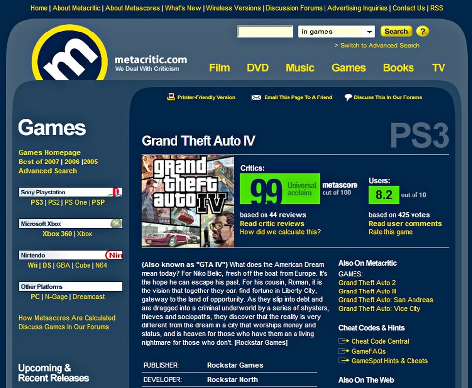 Websites wie Metacritic.com sammeln Spielewertungen. Grand Theft Auto 4 steht seit dem Erscheinen bei fantastischen 99 von 100 Punkten.