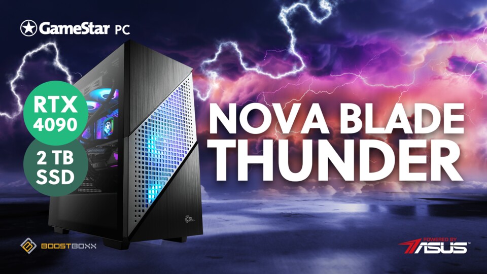Der GameStar PC Nova Blade Thunder ist unser günstigster Gaming-PC mit der krassen GeForce RTX 4090.