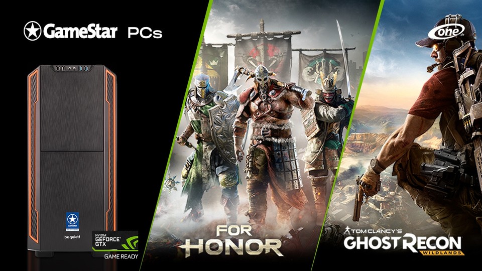 Bereit für den Kampf? Zu jedem One GameStar-PC oder -Notebook mit einer GeForce GTX 1070 oder 1080 gibt es entweder For Honor oder Ghost Recon: Wildands kostenlos dazu.