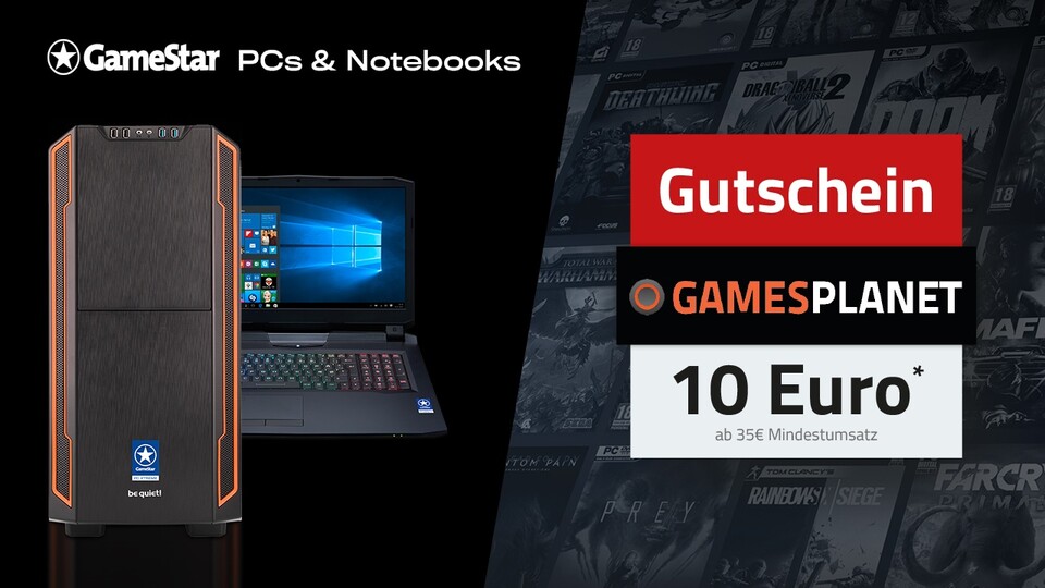 Noch mehr Spielspaß mit den One GameStar-PCs und -Notebooks gibt's jetzt mit einem 10 Euro Gutschein für den Kauf von PC-Spielen bei Gamesplanet Deutschland. 