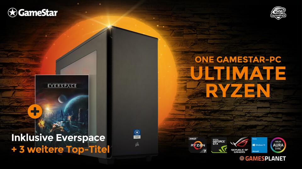 Geht's überhaupt noch besser? ONE GameStar-PC Ultimate Ryzen mit AMD Ryzen 7, ASUS Geforce GTX 1070, ASUS PRIME-Mainboard, 16 GB RAM, 250 GB SSD, 1.000 GB HDD, Corsair-Zubehör und Windows 10.