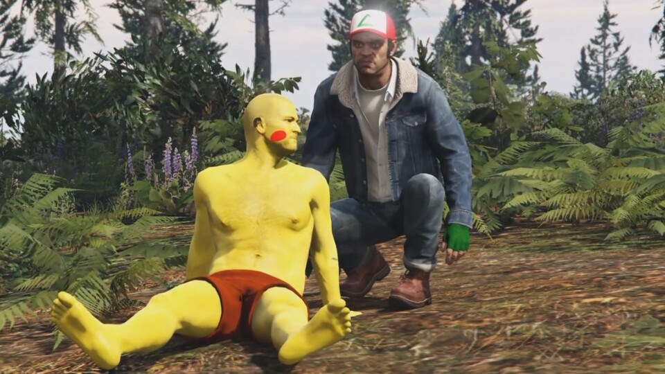 Trevor und Michael übernehmen prominente Rollen in der Nachstellung des Pokémon-Intros in GTA 5.