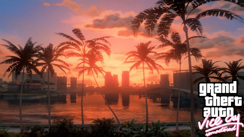 Vice Cry Remastered erschafft in GTA 5 hübsche Lichteffekte wie diesen Sonnenuntergang über einem umfangreichen Nachbau von Vice City.