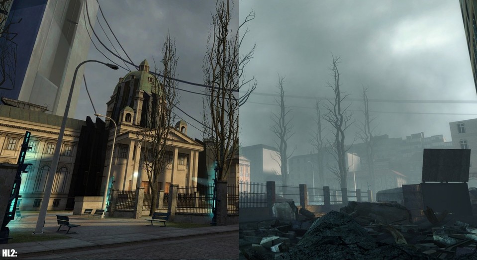 Im Original-Spiel (linke Seite) wirkt die Bedrohung durch das totalitätre Regime längst nicht so beklemmend wie mit dem Cinematic Mod (rechts).