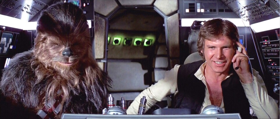 So kennen wir Han Solo (Harrison Ford) mit Chewie im Millennium Falken aus der Original-Trilogie.