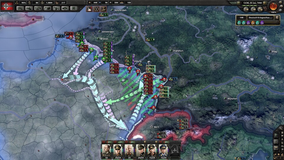 In Hearts of Iron 4 planen wir unsere Kämpfe direkt über ein eigenes Tool, mit dem wir Frontlinien festlegen und Angriffe planen. Gegner einzukreisen, ist dabei besonders effektiv.