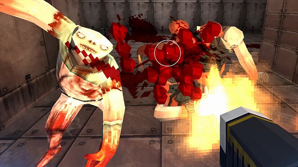 Strafe setzt auf verpixelte 3D-Grafik und viel Splatter und will damit das Bedürfnis nach Retro-Shootern befriedigen.