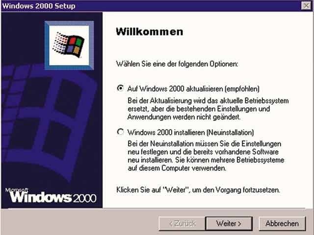 Windows 2000 läßt sich über Win 98 installieren oder alternativ dazu auch parallel dazu betreiben.