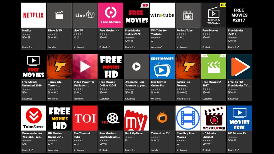 Bereits eine kurze Suche im Windows Store findet viele Apps mit illegalen Angeboten zum Streaming von Filmen.