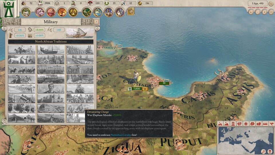 Ich bin zwar eigentlich der Meinung, dass Karthago zerstört werden muss, kann es in Imperator: Rome aber auch selbst spielen. Hier sehen wir die Militärtraditionen der Karthager - mächtige Boni, die ich mit Militär-Machtpunkten freischalte. Zum Beispiel für Kriegselefanten.