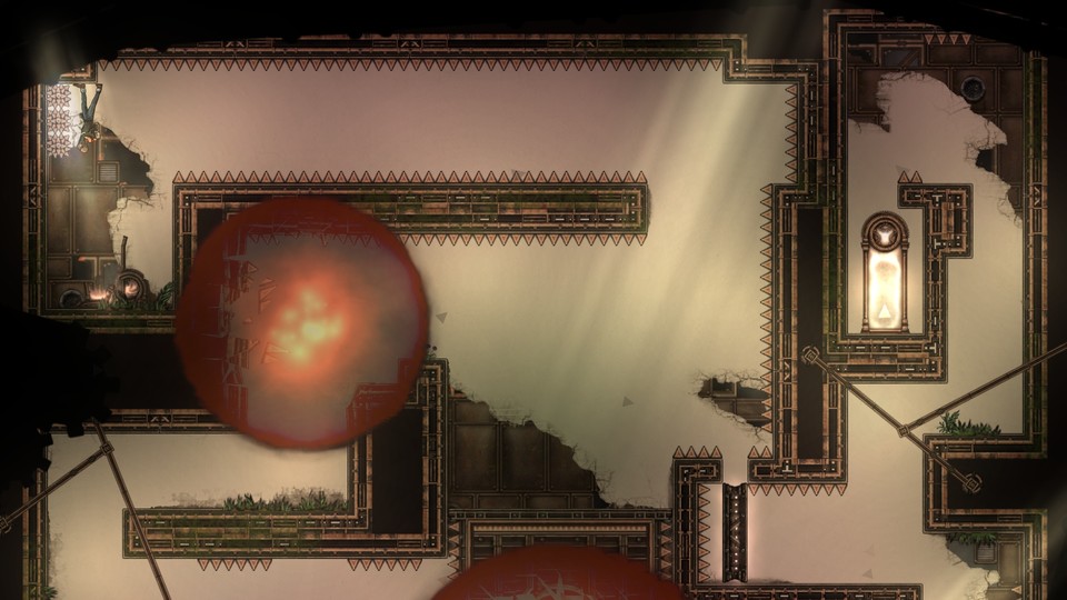 So sieht ein Level in der Mitte des Spiels aus: rote Zornkugeln, Stacheln überall, pixelgenaue Landungen.