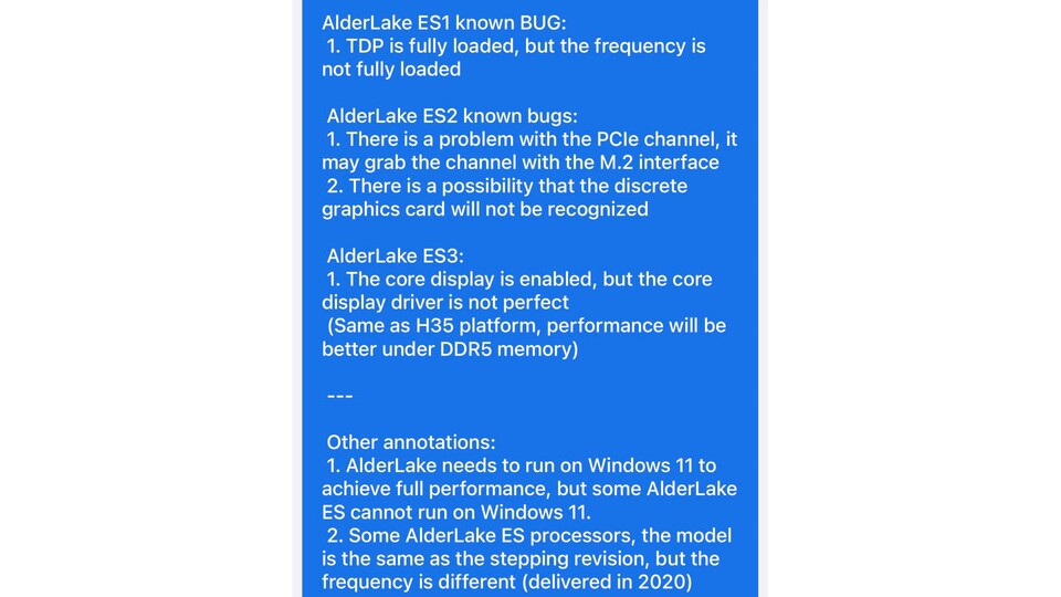 Intel Alder Lake Status der Engineering Samples. (Bildquelle: YuuKi_AnS, via Videocardz)