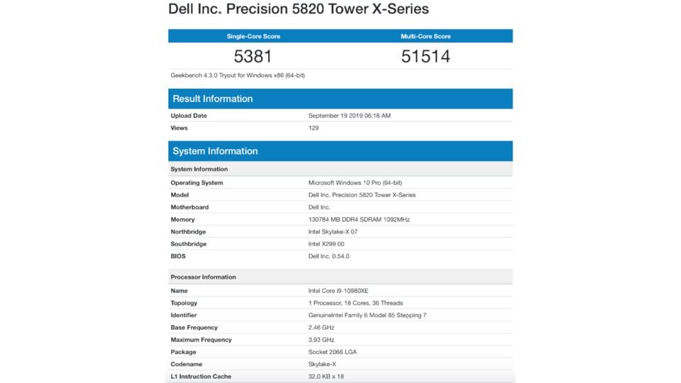 Wie schon seine direkten Vorgänger verfügt auch der Core i9 10980XE offenbar über 18 Kerne und 36 Threads.