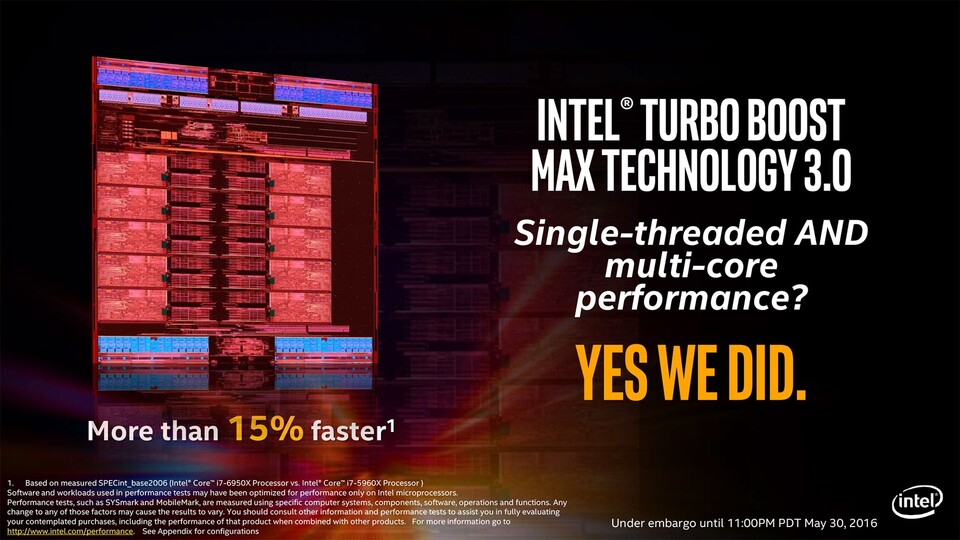 Bislang hat Intels Turbo Boost primär auf einen höheren Takt in Mult-Thread-Anwendungen abgezielt, der neue Turbo Boost 3.0 erhöht dagegen die Taktrate eines einzigen Kerns (Single-Thread) besonders stark.