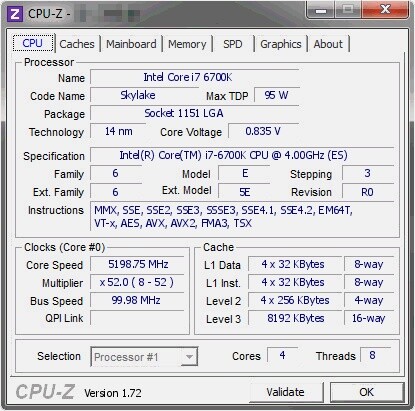Der Intel Skylake Core i7 6700K in CPU-Z.