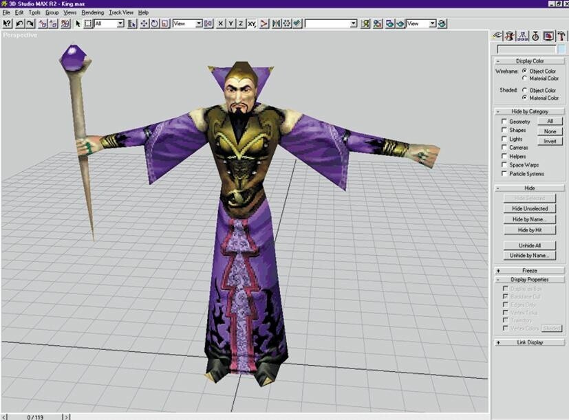 In 3D Studio Max entstehen die Polygon-Modelle, die nachher das Spiel bevölkern. Im Bild: ein Magier aus Dungeon Keeper 2.