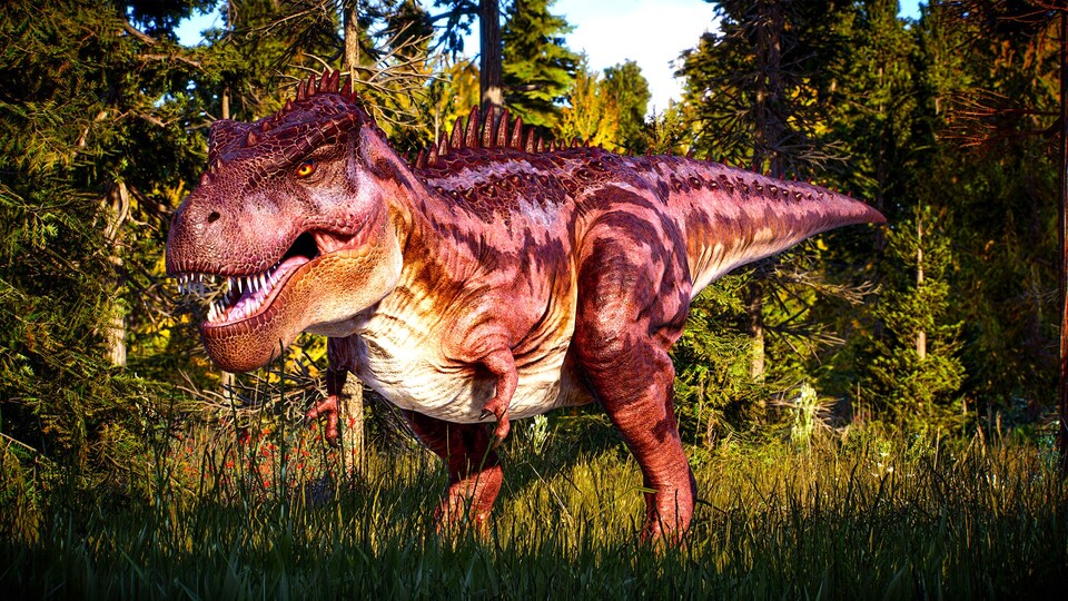 In den Jurassic-World-Evo-Spielen haltet ihr auch gefährliche Raubtiere wie den beeindruckenden Tarbosaurus.