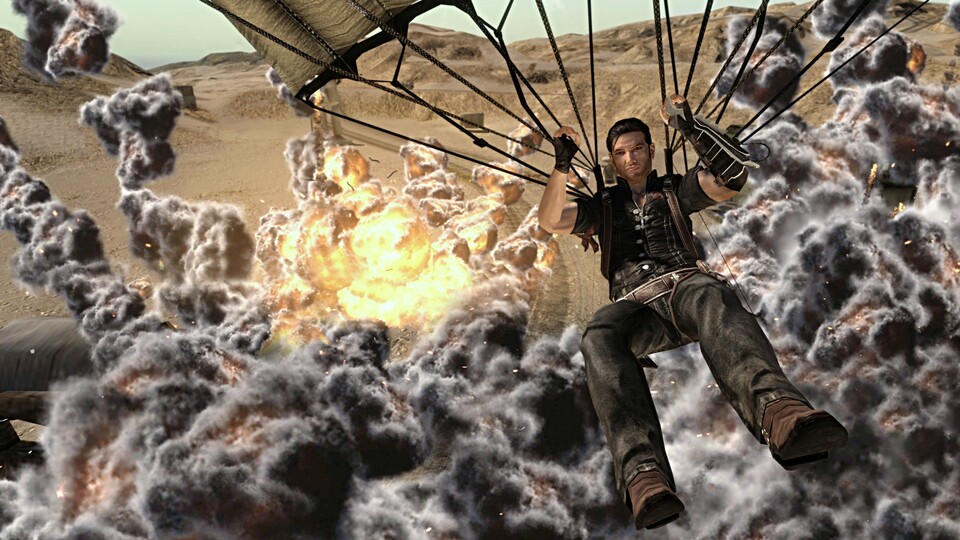 Das Äußere von Agent Rodriguez hat Avalanche überarbeitet, Rico sieht nun cooler aus. Im Hintergrund zu sehen: Die Wüstengebiete von Panau und die eindrucksvollen neuen Explosionen.