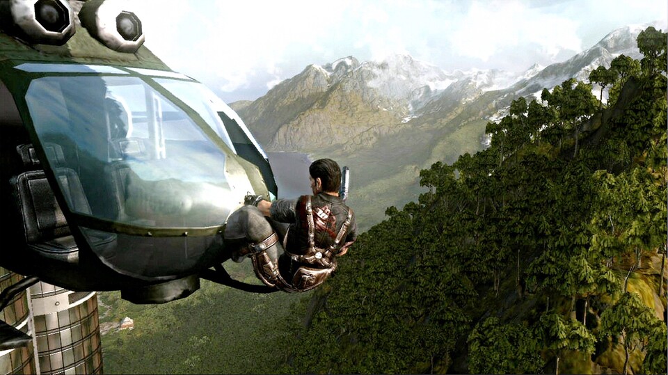 Rico kann sich außen an Vehikel wie diesen Helikopter hängen, von dort ins Cockpit klettern oder abspringen.