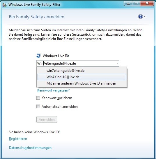 Das Einloggen außerhalb der erlaubten Zeiten wird von Windows 7 grundsätzlich nicht zugelassen. Nach dem Einloggen ist für den Zugriff auf das Internet auch ein Login bei Family Safety notwendig. Auch hier zeigt sich, wie wichtig es ist, ein sicheres Kennwort zu nutzen, denn das Anmeldefenster bietet auch die ID der Eltern an.