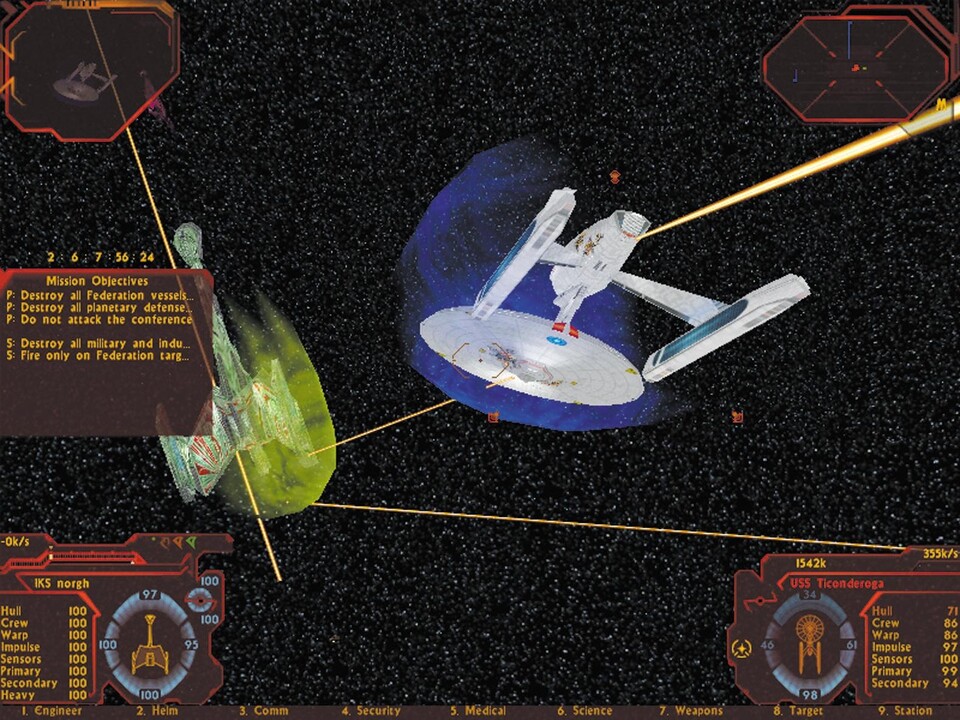 Die USS Ticonderoga hat keine Chance gegen die glorreiche klingonische Flotte. Die Energiestrahlen zeigen deutlich, dass sich Bordgeschütze auch an den Seiten und am Heck befinden. (800x600, Direct 3D).