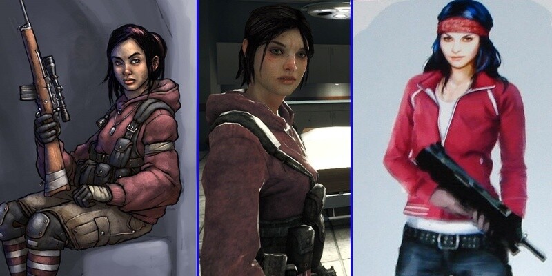 Zoey aus Left 4 Dead vor und nach der Valve-Überarbeitung.