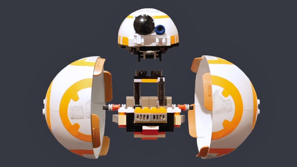 Der Lego-BB8 im Aufschnitt. Es wurden nur handelsübliche Bausteine verwendet. Ausnahme: Der runde Körper war mal eine (Lego)-Verpackung und kein klassisches Bau-Teil.