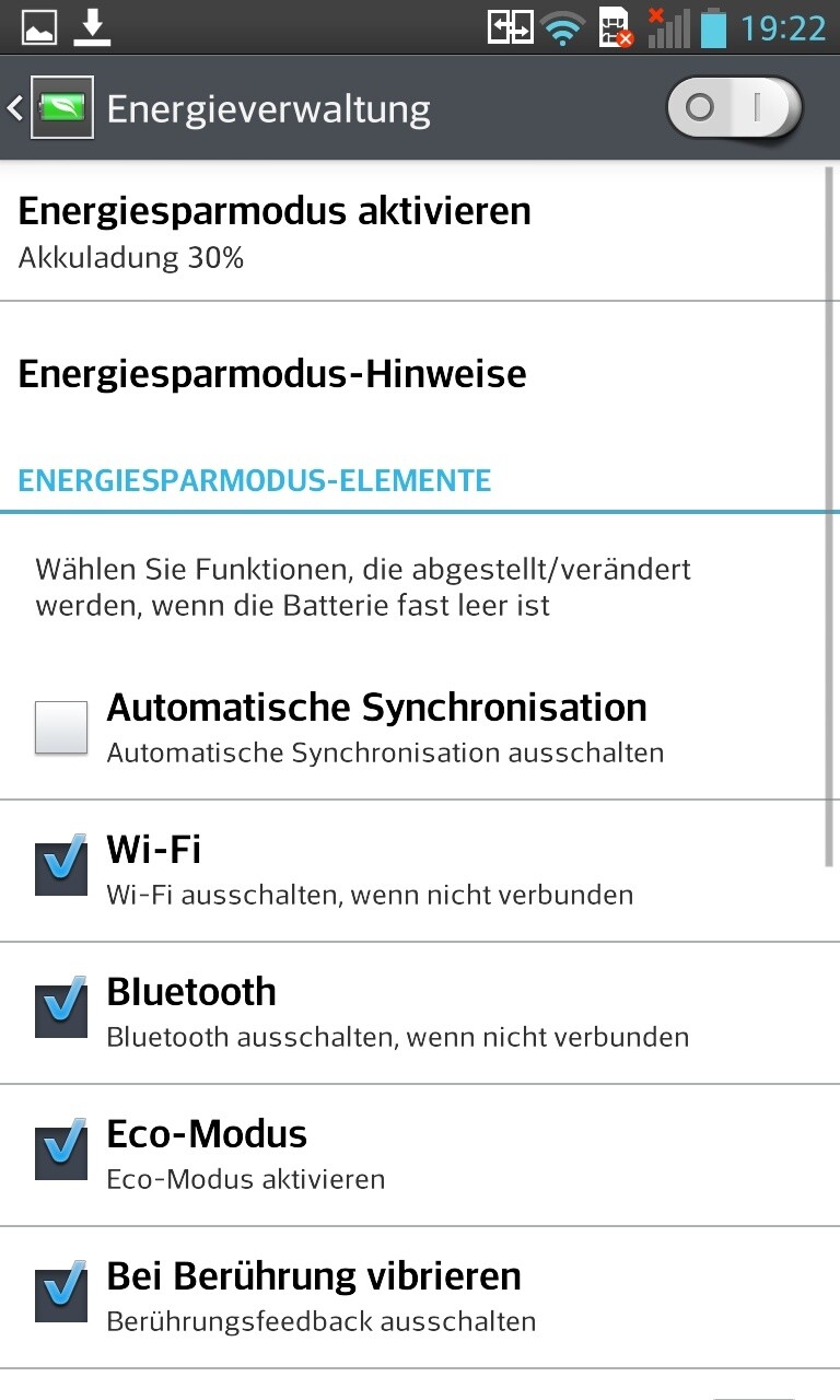 Eine Reihe flexibler Energiesparoptionen stehen in den Einstellungen zur Verfügung.