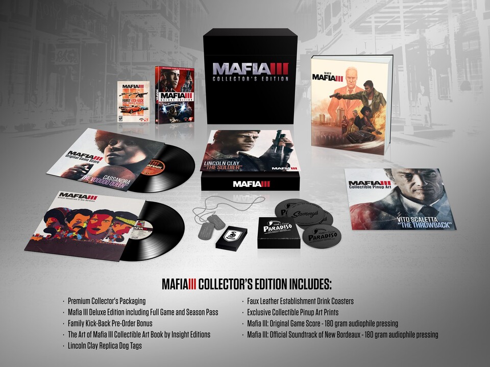 Die Inhalte der Mafia 3 Collector's Edition, unter anderem gibt es gleich zwei Schallplatten.