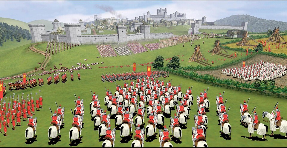 Gewaltige Schlacht um eine französische Burg: Unsere englische Armee wartet mit dem Angriff, bis die Belagerungswaffen ausreichend Breschen in Feinde und Mauern geschlagen haben.