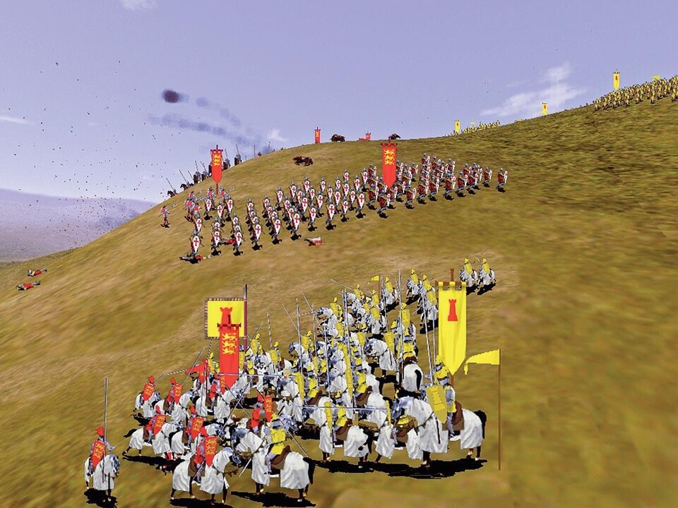 Oben schlägt eine Kanonenkugel ein, unten kämpfen unsere gelben Ritter gegen die Engländer. Achtung: Ordenskämpfer nahen!