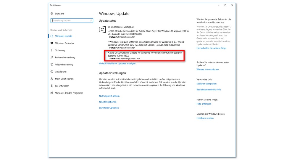 Unter Windows 10 bringt das Update KB4056892 Gegenmaßnahmen zu Meltdown mit sich. Auch für Windows 8.1 und Windows 7 sind entsprechende Updates erschienen.