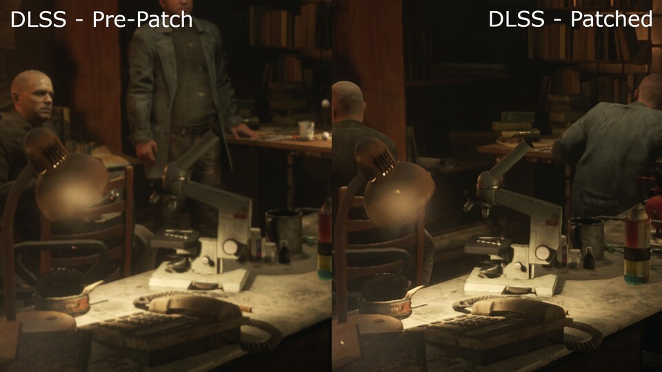 Auch in Innenräumen wirkt Nvidias DLSS-Kantenglättung mit dem Hotfix nun deutlich schärfer (rechts) als vor Patch (links).
