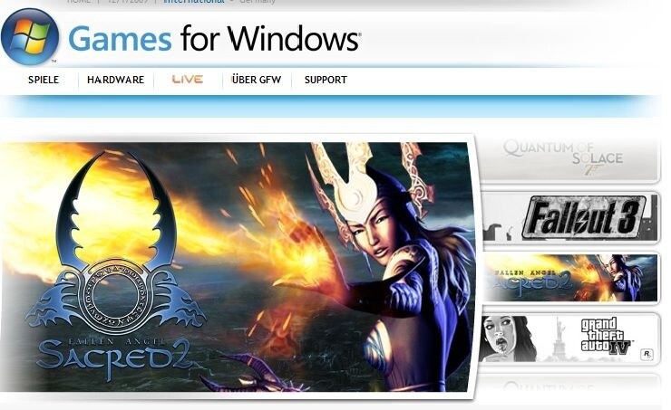 Bewirbt die deutsche Games for Windows Website noch leicht veraltete Spiele wie Sacred 2 oder Fallout 3...