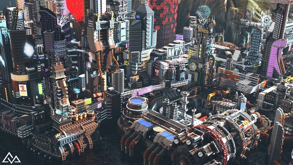 Wahnsinn! Ein Team aus Minecraft-Spielern hat eine von Night City inspiriert Metropole gebaut. (Screenshot von @GeminiTay)
