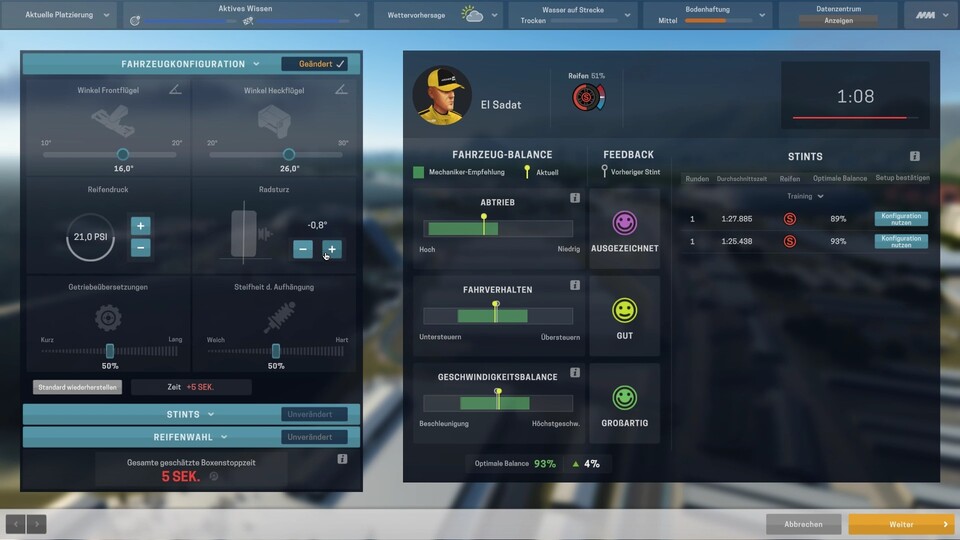Spielen Sie das Training, dann können Sie den Wagen viel besser auf das Rennen einstellen.