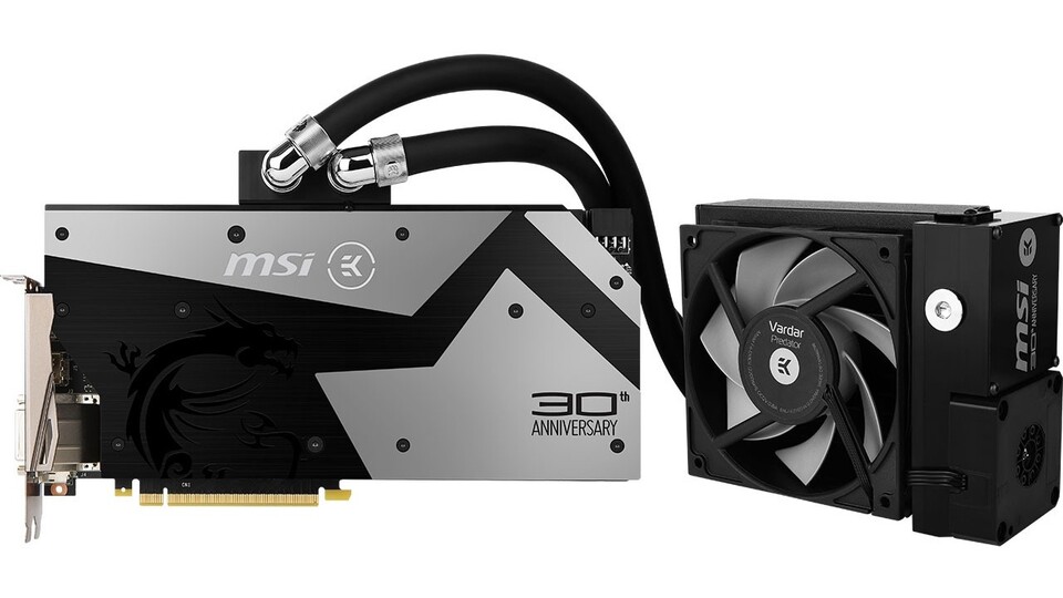 Die MSI Geforce GTX 1080 30th Anniversary Edition kommt mit einer speziellen All-in-One-Wasserkühlung von EK.