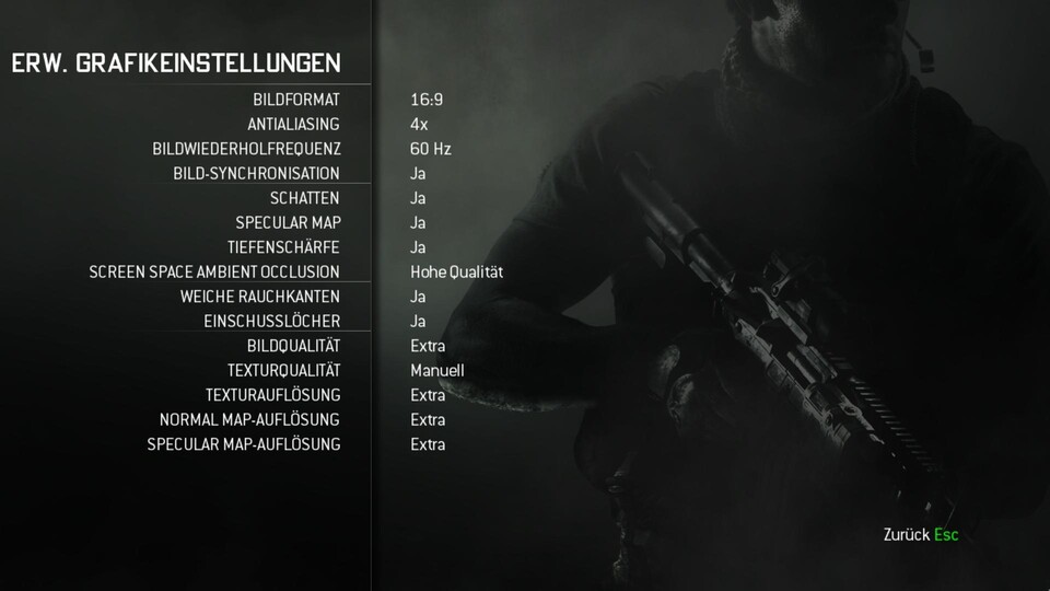 Grafikmenü : Das erweiterte Grafikmenü in Modern Warfare 3 bietet einige grundlegende Einstellungsmöglichkeiten.