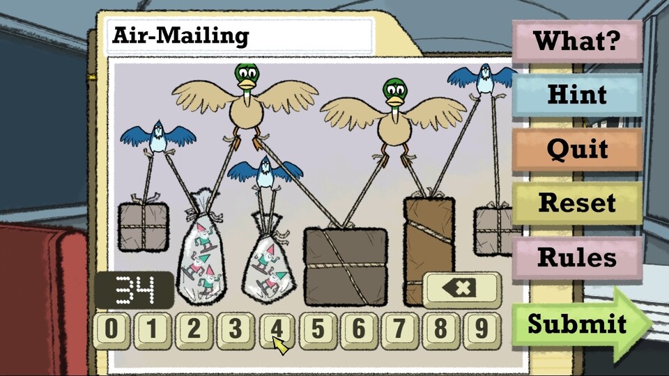Eine typische Denkaufgabe im Spiel: Wieviele Gartenzwerge tragen die Vögel insgesamt?