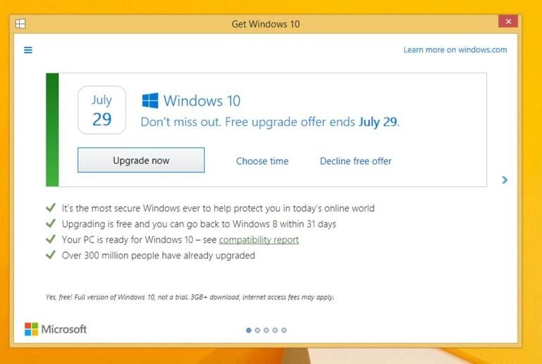 Das neue Windows 10 Upgrade-Fenster (Bildquelle: ZDNet)