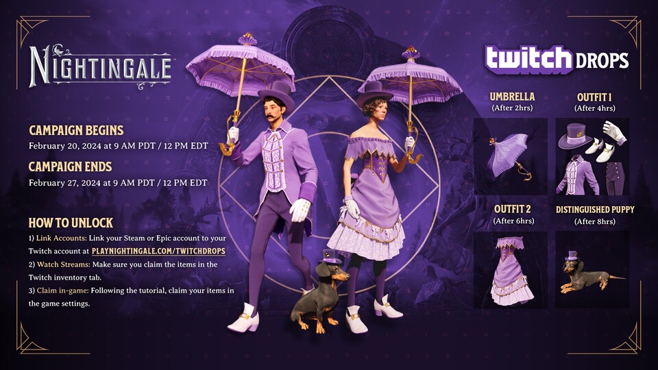 Über die Twitch Drops könnt ihr zwei Outfits, einen Regenschirm und einen Hundewelpen für Nightingale bekommen.