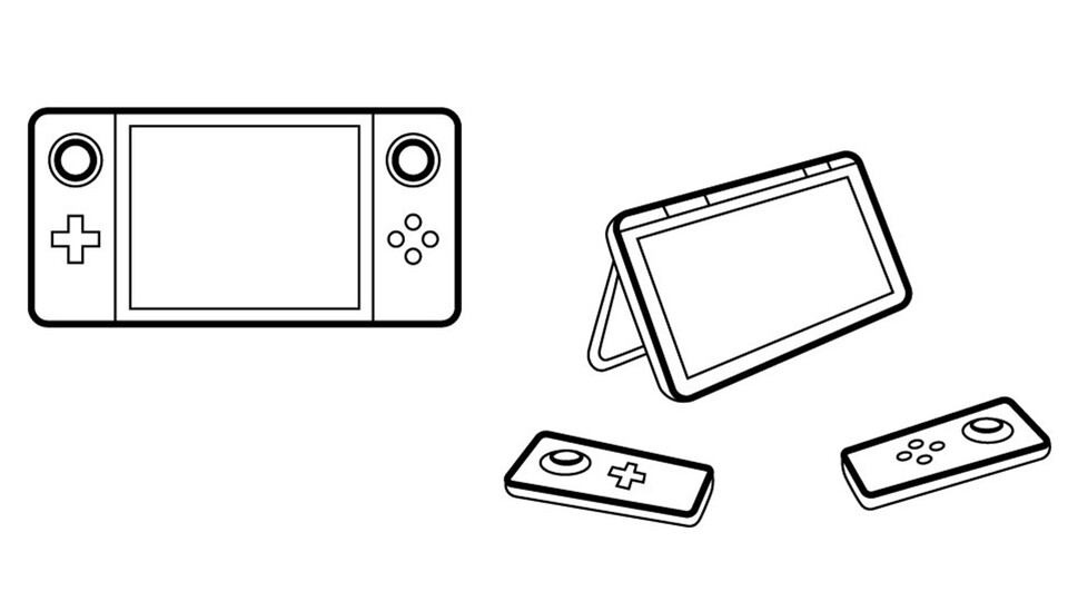 Diese inoffizielle Konzeptzeichnung von Eurogamer verdeutlicht das Funktionsprinzip von Nintendos NX: Sind die Controller seitlich angebracht (links), ist das NX ein mobiler Handheld. Mittels Ständer am Display und abgenommenen Controllern ist das NX eine Tischkonsole. Dazu kommt noch eine Docking-Station mit Anschlüssen für einen TV und vermutlich einer Ladefunktion für den Akku. (Quelle: eurogamer.net)