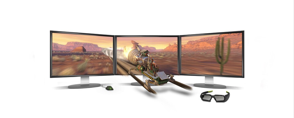 Nur im SLI-Verbund kann die Geforce GTX 480 drei Monitore in Spielen ansteuern - demnächst auch in 3D.
