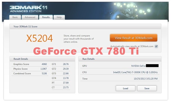 Nvidia Geforce GTX 780 Ti mit X 5204 Punkten im 3DMark11.